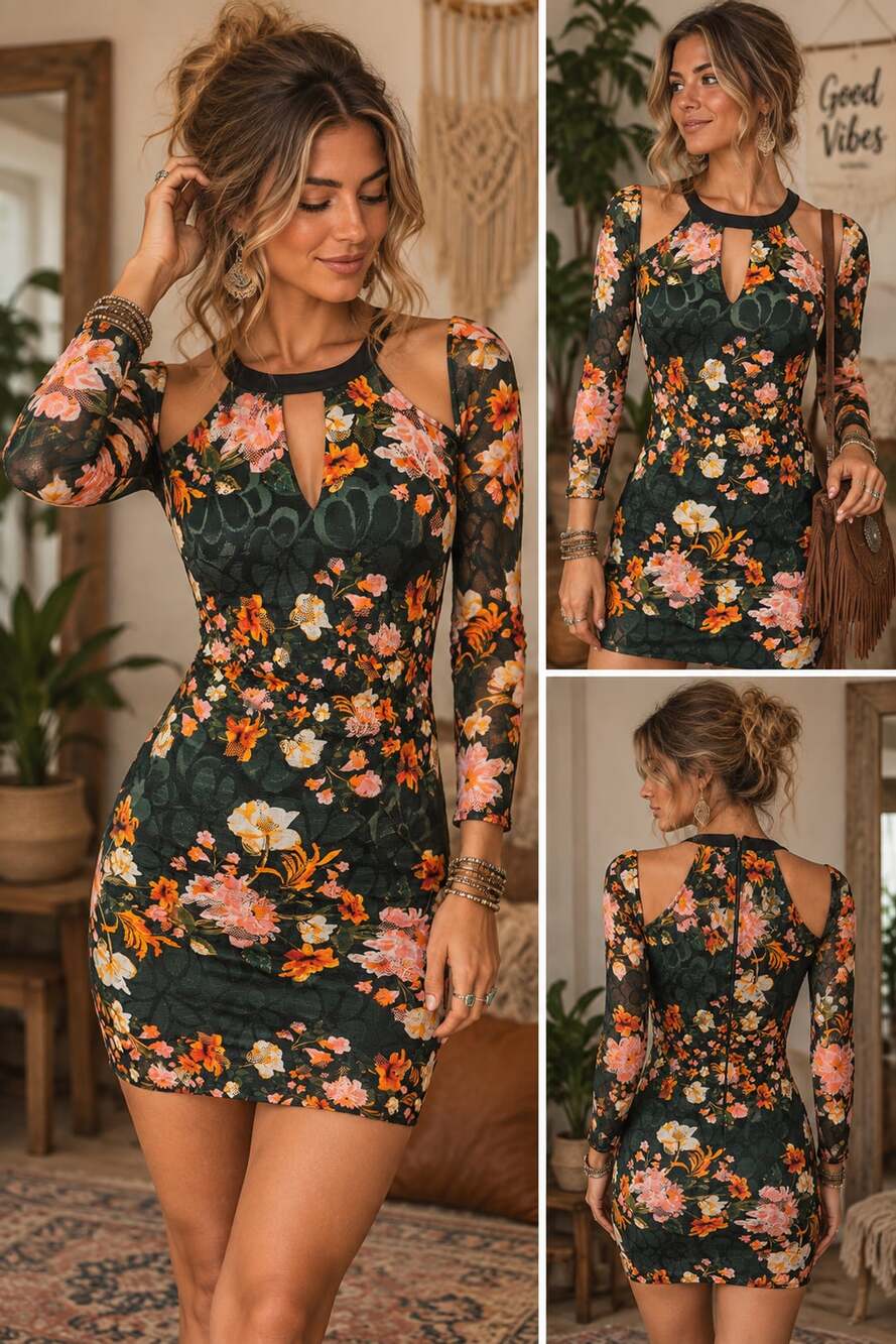 GUESS Cold Shoulder Floral Lace Dress Green